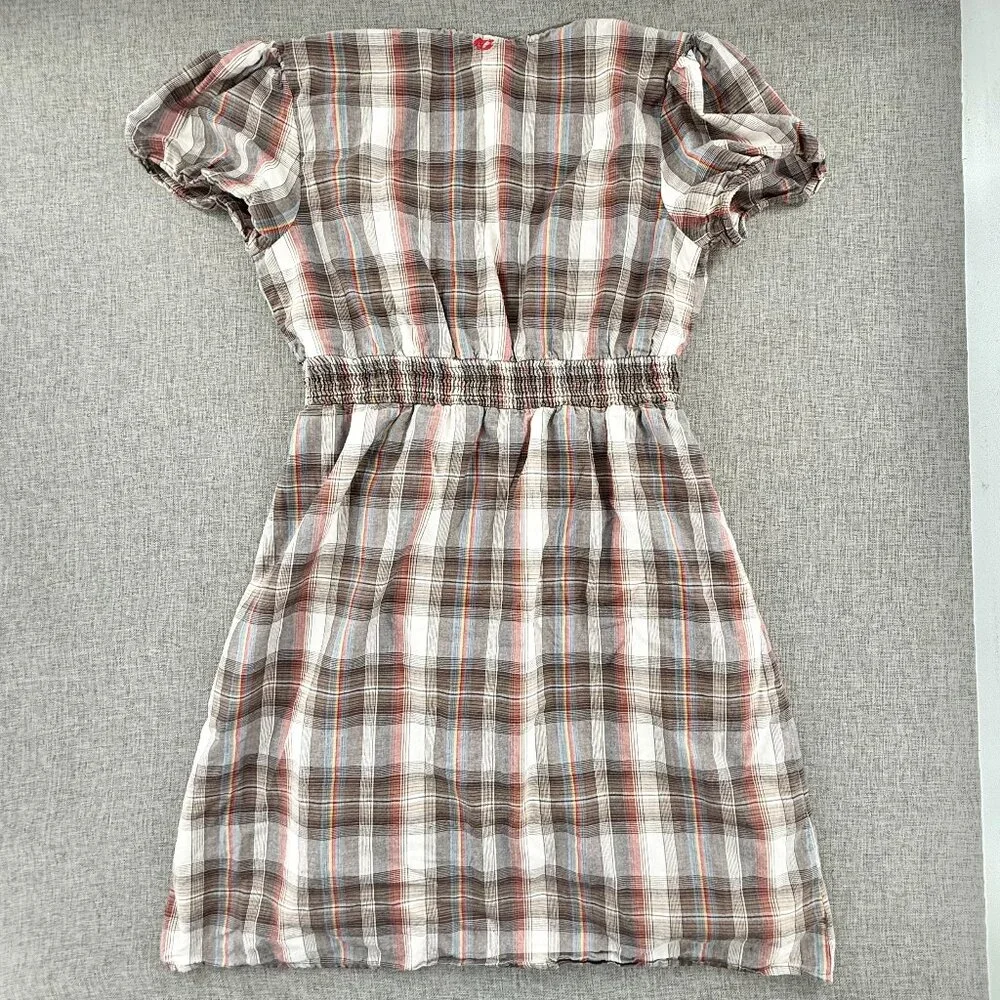 Billabong Vintage Plaid Dress Lined Low V-Neck Short Sleeve 100% Cotton Large - Picture 11 of 14